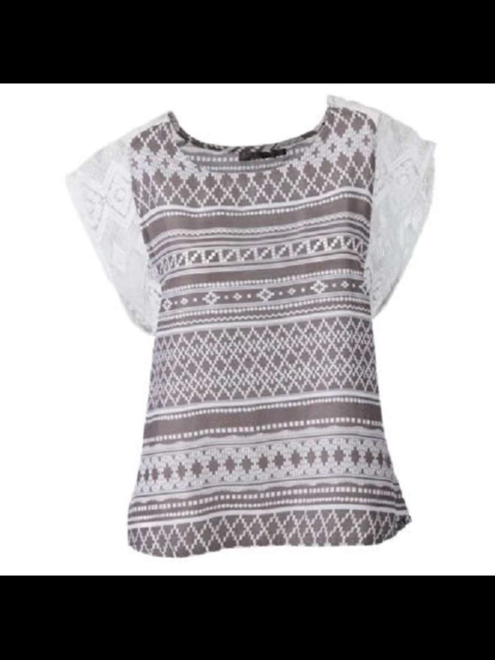 Prana Gray and White Lace Sleeve Geometric Print Blouse